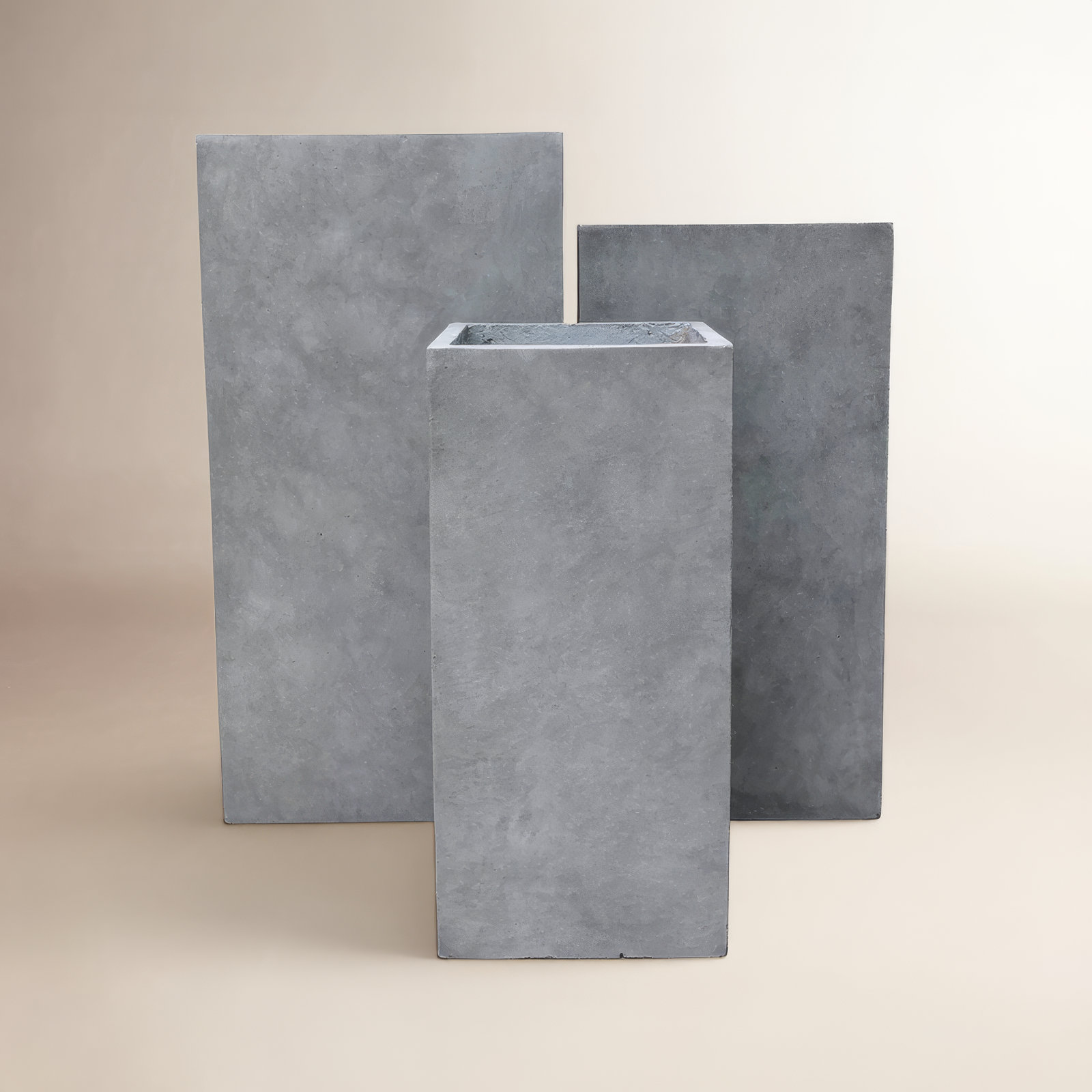 Tali 3 Piece Lightweight Modern Tall Square Outdoor Planters, 28, 24 and 20 Inch Tall, Natural Concrete Set