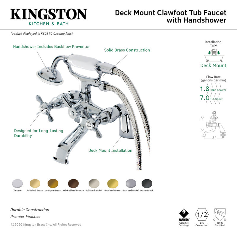 Kingston Brass Essex Three-Handle 2-Hole Deck Mount Clawfoot Tub Faucet with Hand Shower, Vintage Brass