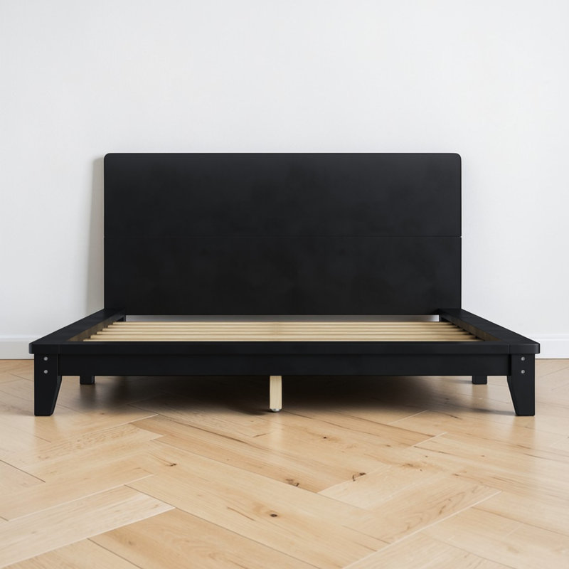 Wood Platform Bed With Wide Edge Frame, Low-Profile, Rectangular Panel Headboard, Contemporary, Bedroom, Black, Queen