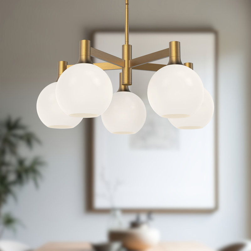 Lustre sphérique unique à 5 lumières Castilla, Doré vieilli, Opale matte
