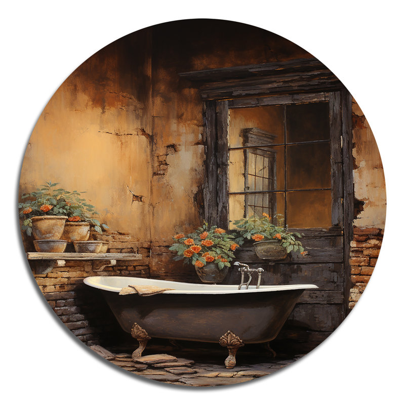 «Bathroom Bathroom Rustic Charm I - Humour», art rond en métal, H 23 po x l 23 po