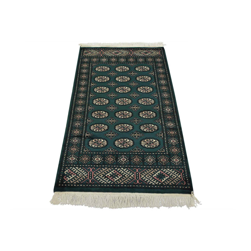 Tapis oriental en laine vert tribal noué à la main 3 pi 7 po x 5 pi Bokhara