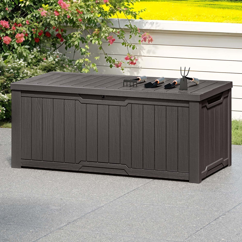 Quartey 120 Gallons Resin Deck Box with Soft Close Mechanism, Brown