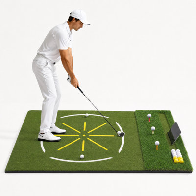 Tapis de golf 5 en 1 avec plateau pour balles et support pour téléphone / tablette | Tapis de jeu de golf avec guide debout et ligne de chemin de balançoire, 7 trous de frappe pour frapper, écaillage de conduite pour une utilisation intérieure ou extérieure, cadeaux idéaux pour les hommes, papa, mari et golfeurs