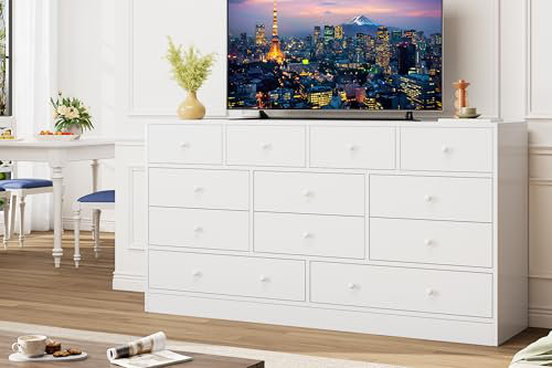 12 Drawer Dresser for Bedroom, 61 in Long Modern White Dresser TV Stand with Charging Station, White