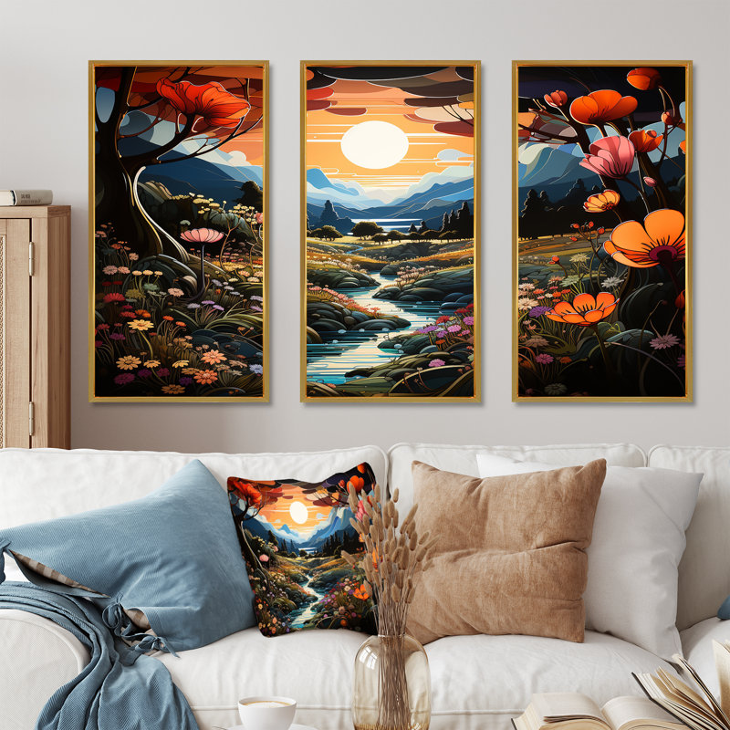 «Yellow Enchanted Meadows Fantasy IV - Art abstrait paysage mural», Cadre flottant doré, H 28 po x l 36 po