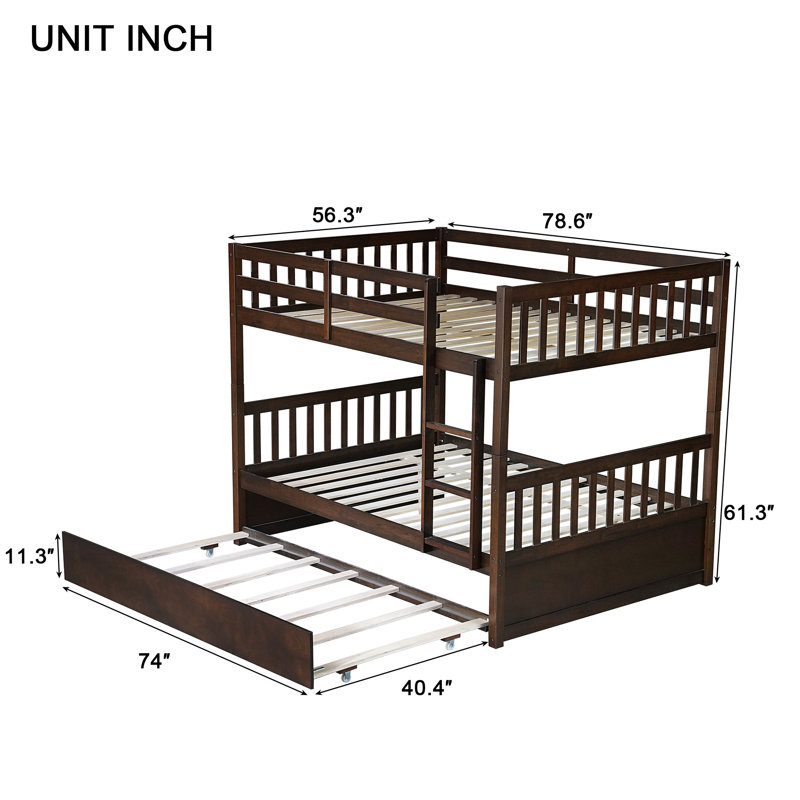 58" W Solid Wood Bunk Bed with Trundle and Convertible Design , Espresso
