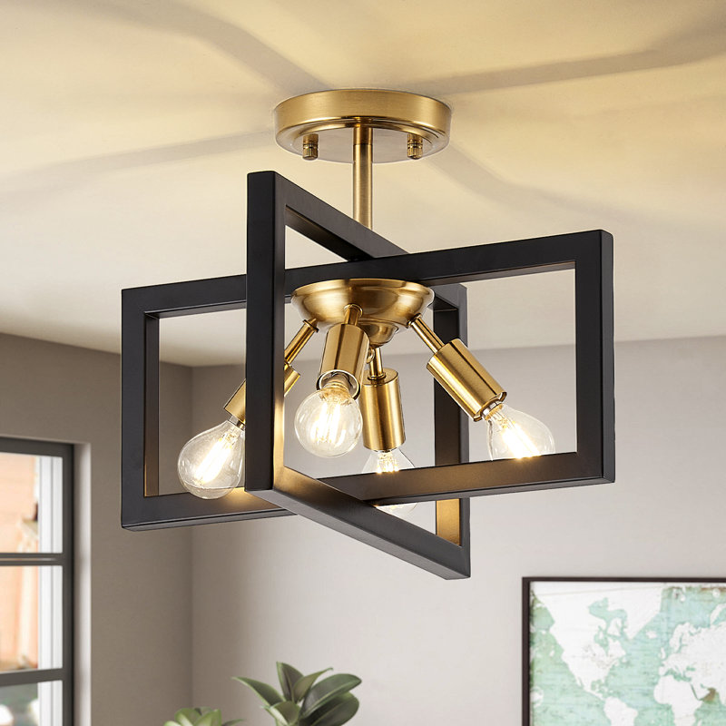 Andranae 4 - Light 14.6" Modern Black/Gold Square Semi Flush Ceiling Mount Light for Bedroom Foyer, Black/Gold