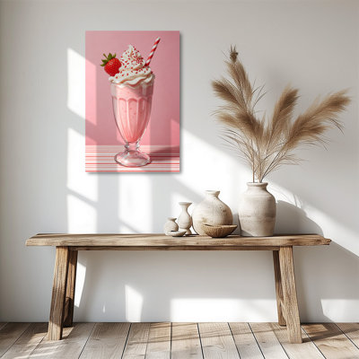 Strawberry milkshake in a glass with whipped cream and a strawberry, Pop Art style. Framed Canvas Wall Art Print for Home Decor