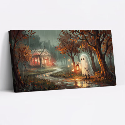 Fantôme tenant une lanterne dans un bois pluvieux automne, art mural sur toile d'Halloween