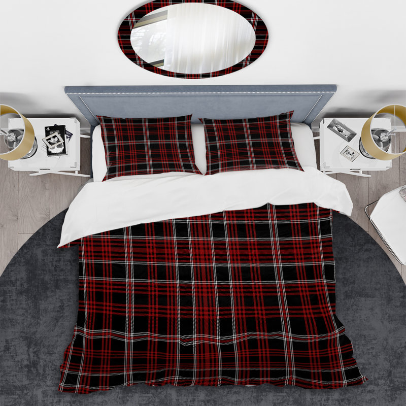 Tartan à carreaux noir et rouge - Ensemble de housse de couette abstrait - Microfibre de polyester