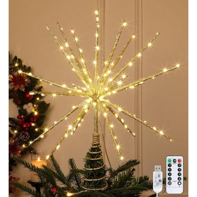 Lighted Starburst Christmas Tree Topper, Gold Moravian Star with 150 LED Lights, Remote, Timer and 8 Light Modes