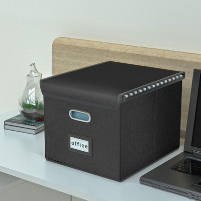 Large Linen Hanging Office Document Storage Box with Lid - Black, Collapsible Filing & Storage Boxes