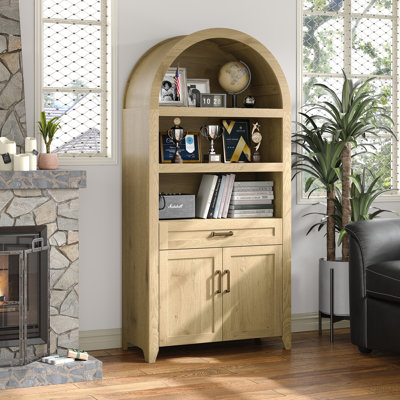 65" Tall Arched Storage Bookcase with Adjustable Shelves,Arched Cabinet with Drawer