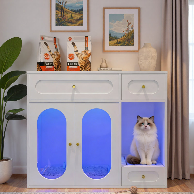 Enceinte de litière pour chat avec lumière DEL, tiroirs de rangement et portes en acrylique, Blanc