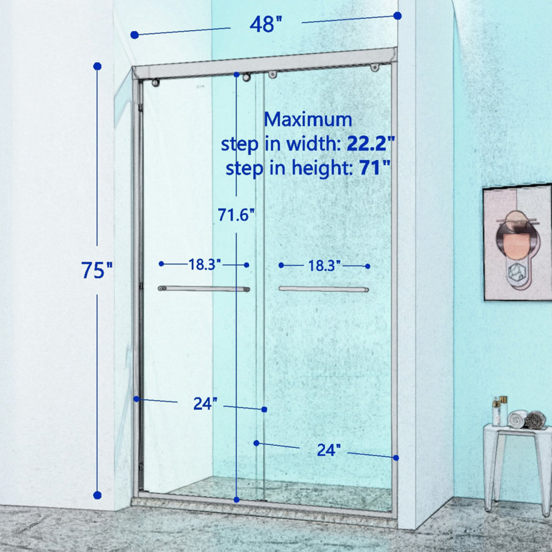 Portes de douche coulissantes doubles l 44 à 48 po x H 75 po avec cadre en aluminium noir mat et porte de douche en verre trempé de 8 mm