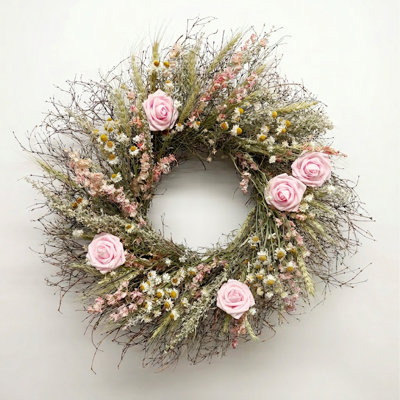 Dried Flowers with Larkspur, Ammobium Daisies, and Paper Pink Roses Wreath