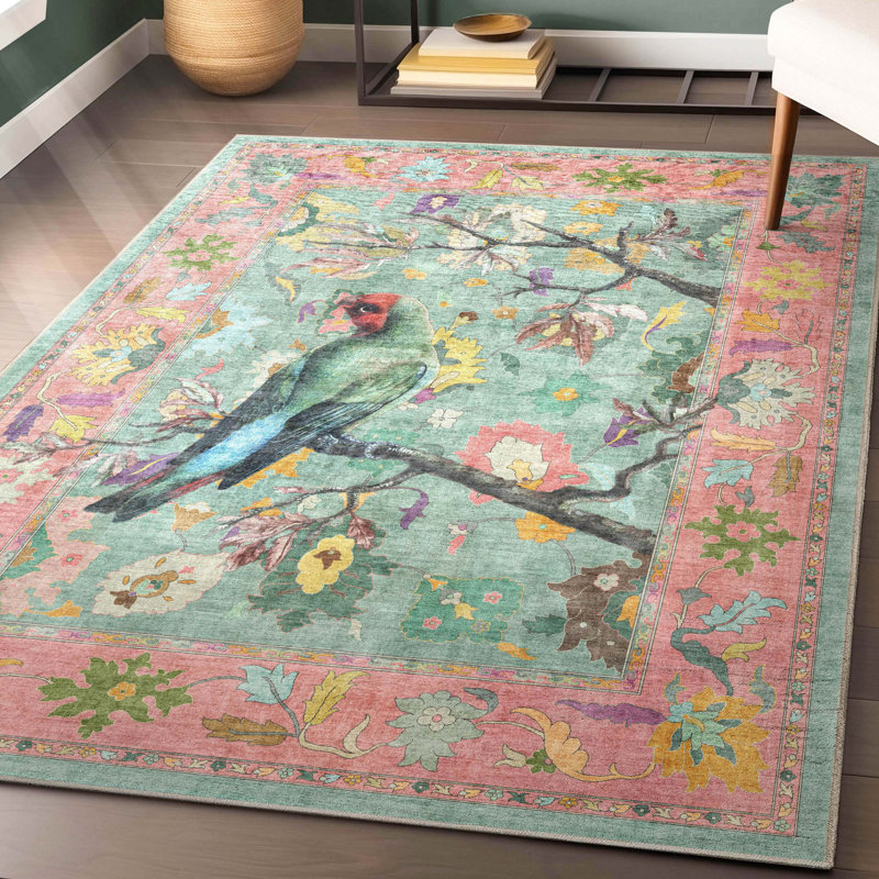 Shanea Botanical Birds Ushak Multi Modern Floral Flat-Pile Rug, Rectangle 5'3" x 7'3"