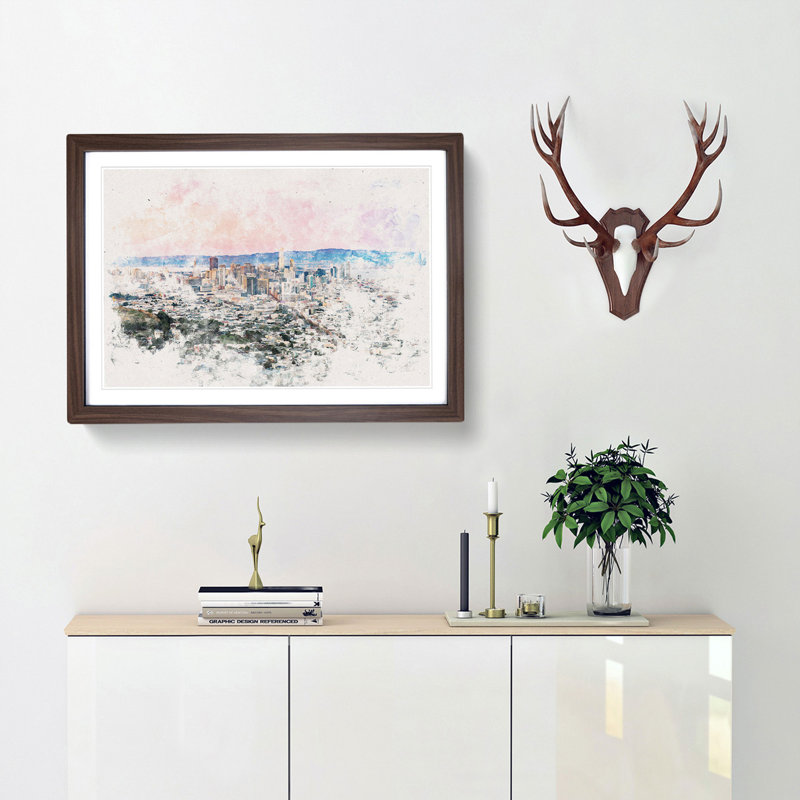 Evening Colours of San Francisco 1 Piece Single Picture Frame Painting on MDF, 36cm H x 48cm W x 2cm D, Walnut Framed