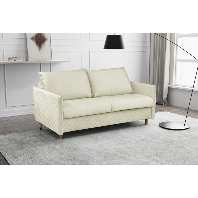 Melieck 2 Seater Velvet Sofa Bed with Mattress, Cream