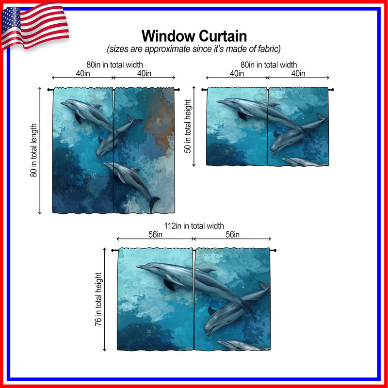 Dolphins In Ocean Window Rideaux Dolphins, 20 po x 60 po - 2 panneaux, Obscurcissement de chambre