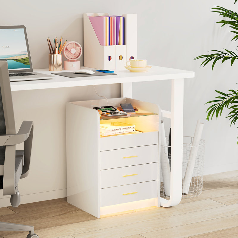Bedside Cabinet with 3 Drawers, White Bedside Table with Glass Desktop, LED Lights & UK Charging Station 2AC/2USB, Wooden Side Table for Bedroom Living Room Sofa Side Corner Drawer Cabinet UK Plug