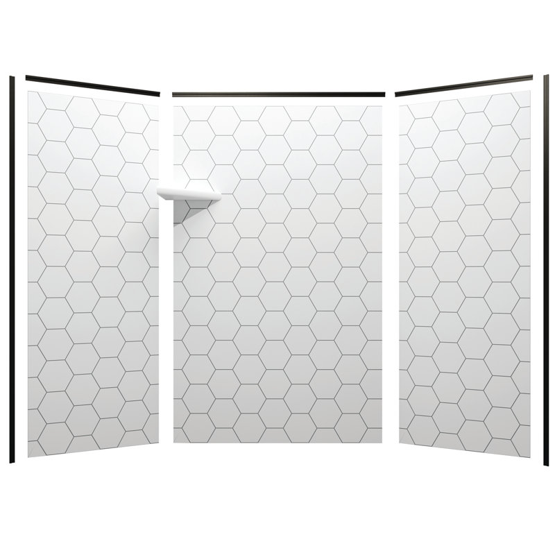 Flexstone Flexstyle 60"W X 36"D X 80"H White/Gray Hexagon Shower Wall Surround With Trim (3-Piece), Matte Black