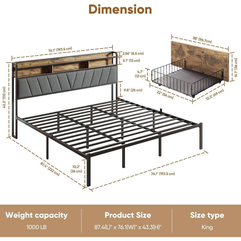 King Bed Frame with LED Light and Charging Station, Metal Platform bed with Storage Headboard, No Box Spring Needed, Brown
