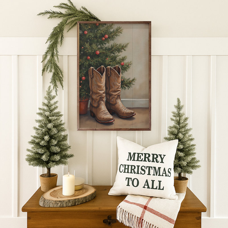 Bottes de cowboy près de l'arbre de Noël, H 8 po x l 5 po