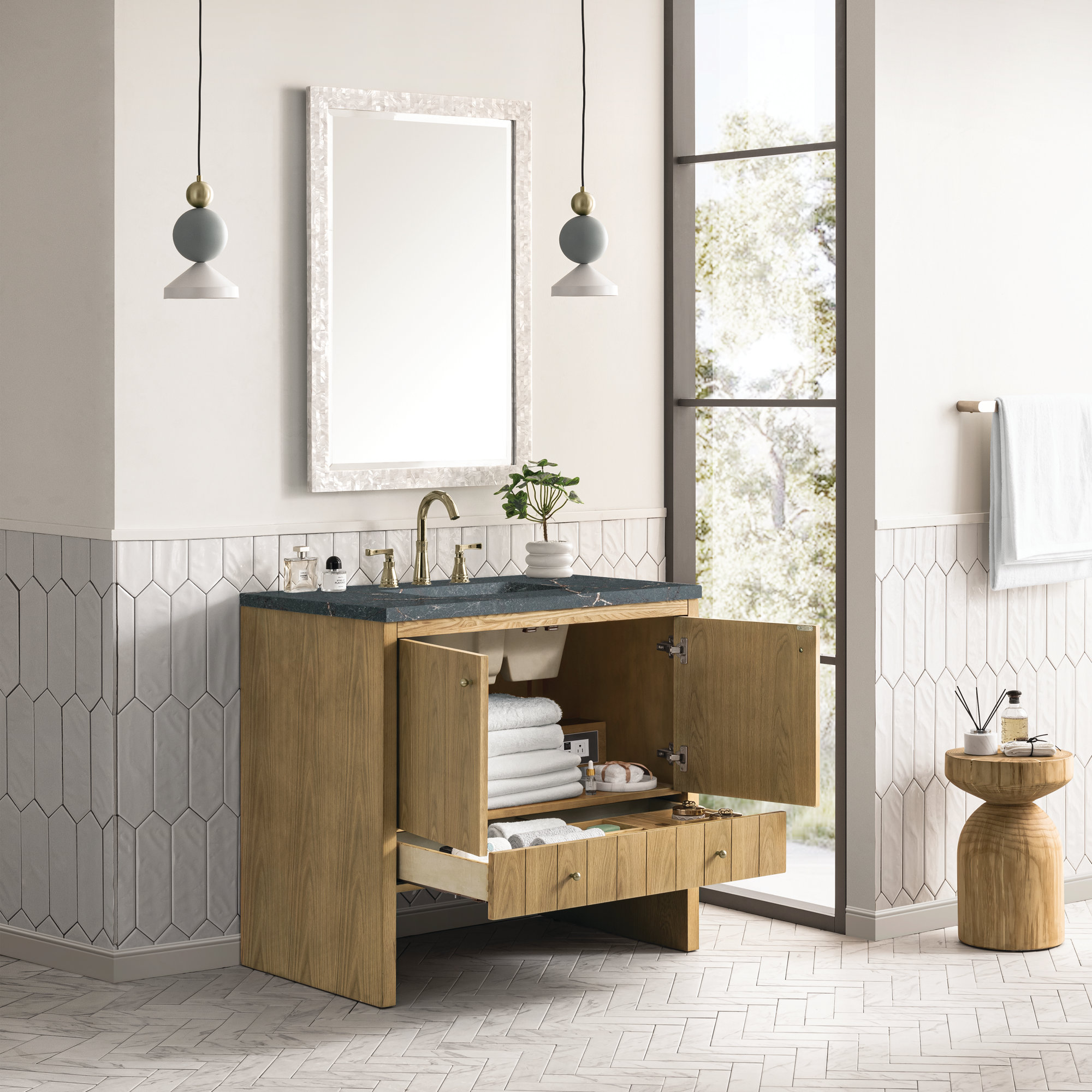 Hudson 36'' Single Bathroom Vanity, Parisien Bleu, Light Natural Oak, 8" Widespread