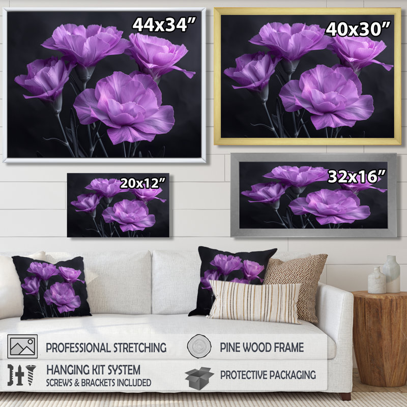 Purple Grey Carnations Harmony - Carnations Wall Art, Black Single Picture Framed Canvas, 12" H x 20" W x 1" D
