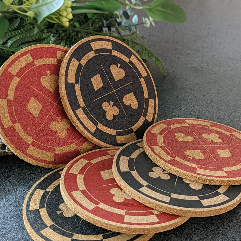 Cork Round 6 Piece Coaster Set With Holder, Red