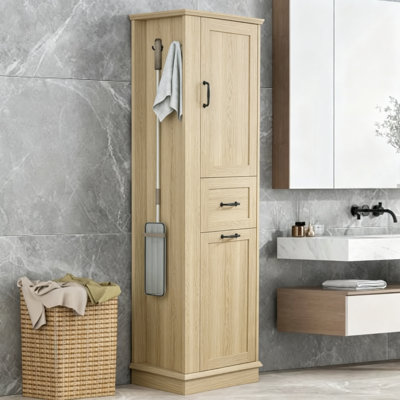 Modern Tall Bathroom Storage Cabinet with Tilt-Out Compartment, Adjustable Shelves, Soft Close Doors, Linen Tower with Side Hooks for Laundry Room Bathroom