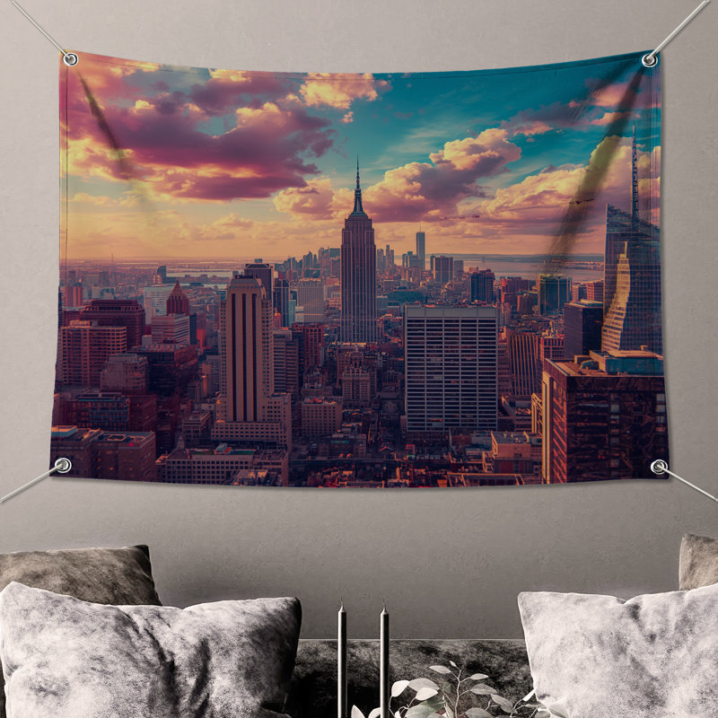 Tapisserie murale New York City Skyline - décoration murale paysage urbain, 68 po H x 80 po L avec 4 œillets