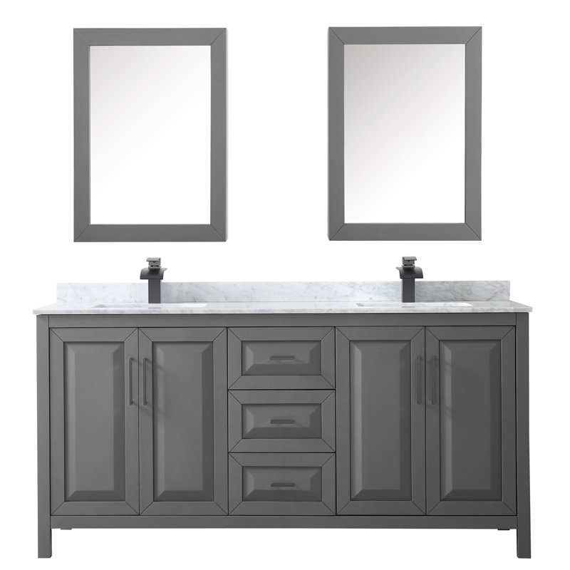 Daria 72'' Double Bathroom Vanity with Carrara Marble Top with Mirror, Dark Gray, Polished Chrome, Carrara Cultured Marble