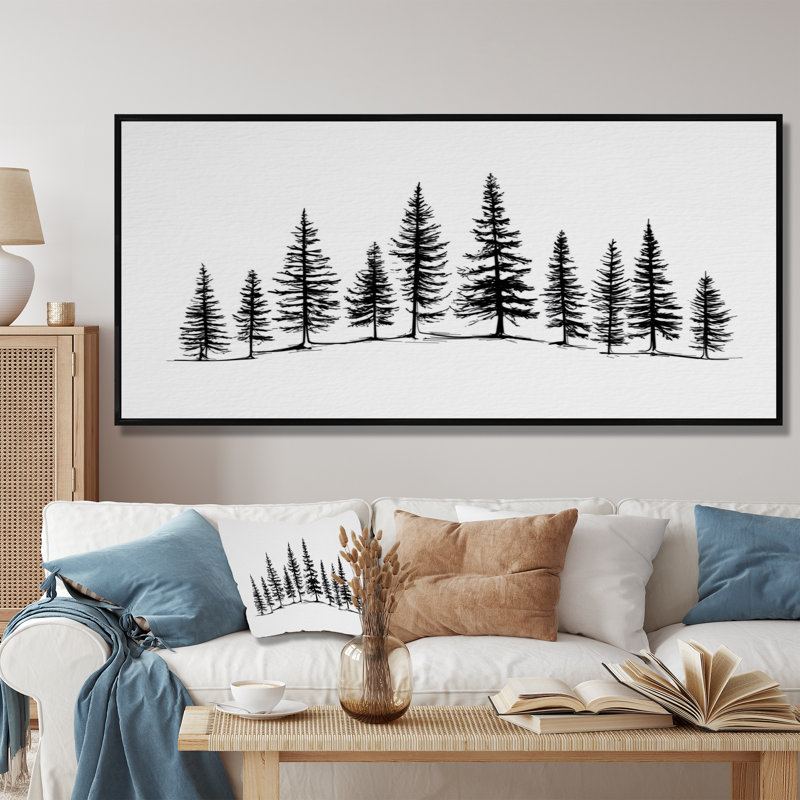 «Pine Tree Forest In Winter Wonderland», reproduction d'art sur toile Nature, H 28 po x l 60 po, Cadre flottant, Noir