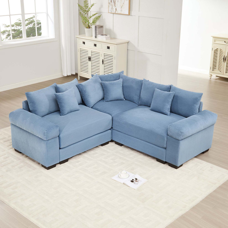 Canapé modulaire moderne surdimensionné en velours côtelé 3 places avec 10 coussins décoratifs Modern, Velours côtelé bleu