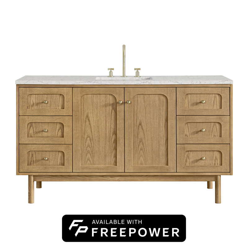Laurent 60"W Single Vanity W/ Freepower Wireless Charger, Eternal Jasmine Pearl, Light Natural Oak