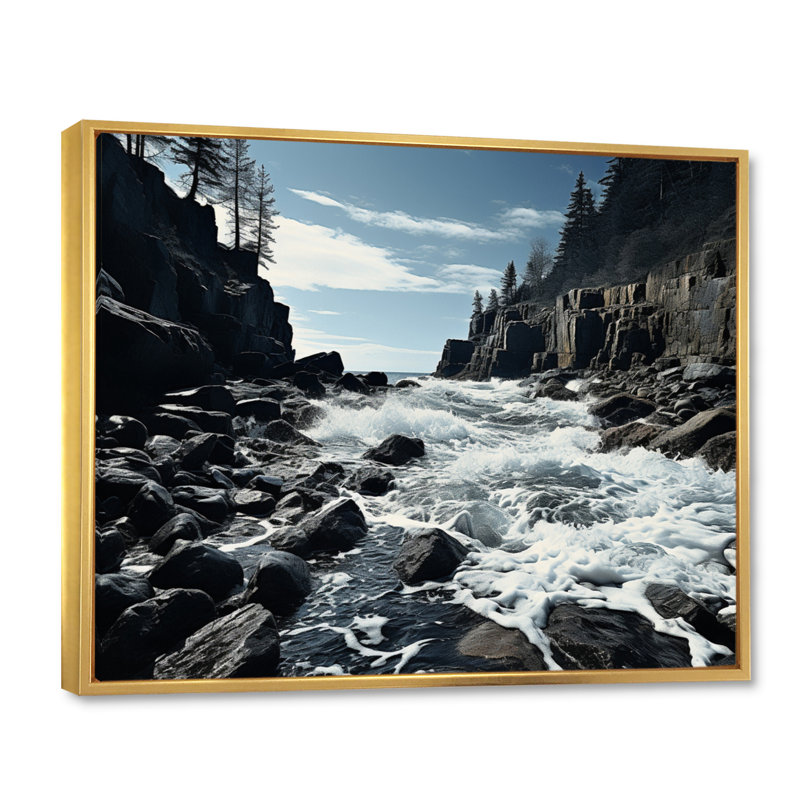 Berkay Canada, rivage rocheux sur toile, Cadre flottant doré, H 30 po x l 40 po x P 1,5 po