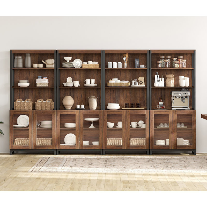 4 PCS Modern 72" Sideboard With Glass Doors And Adjustable Shelves, Multifunctional Buffet Cabinet With Storage And Open Shelves For Dining Room Or Kitchen