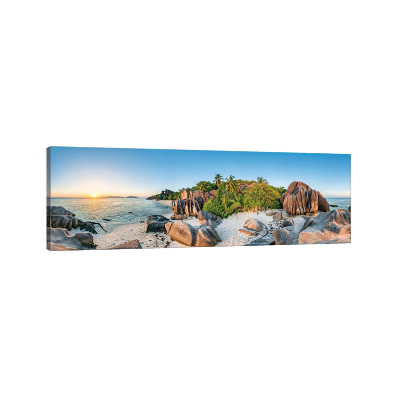 Beach Anse Source D'Argent At Sunset by Jan Becke - Wrapped Canvas Panoramic Gallery-Wrapped Canvas Giclée