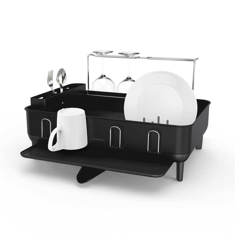 Matte black dish drying rack with an integrated wine glass holder and utensil compartment.
