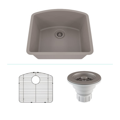 Évier de cuisine en quartz 23 po x 21 po, évier simple en forme de D, évier encastré, évier encastré, évier de cuisine en granite, avec grilles en acier et crépine