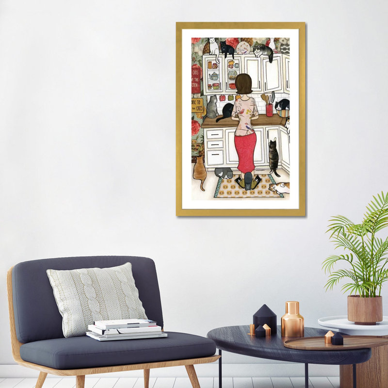 « Feed the Cats » par Jamie Morath-impression, H 32 po x l 24 po x P 1 po, Papier encadré doré, Blanc