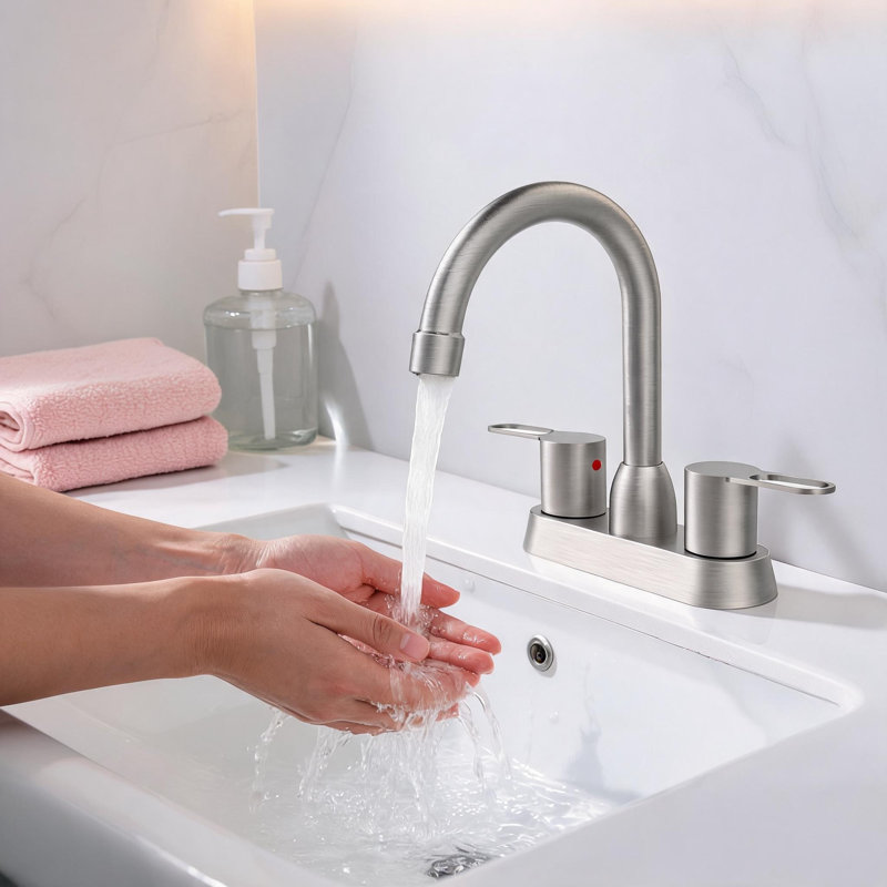 Robinet de lavabo de salle de bain 2 poignées en nickel brossé avec poignées en acier inoxydable pour 3 trous