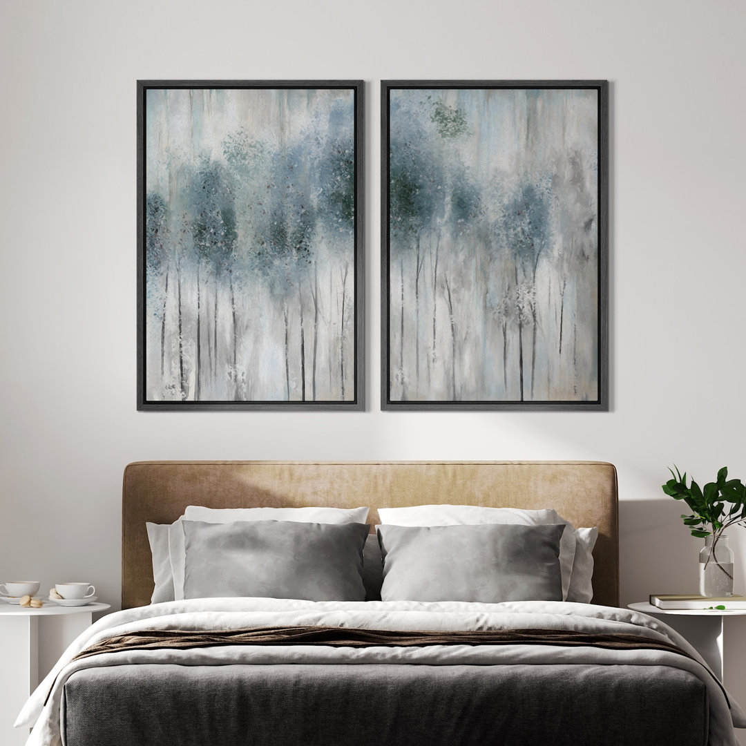 Abstract Forest Pastel Watercolor Teal Blue Forest Abstract Landscape Framed On Canvas 2 Pieces Print Wall Art IDEA4WALL Frame 