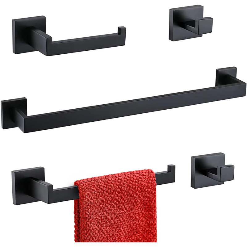 Wall Mounted 5-Pieces Matte Black  Bathroom Hardware Accessories Set, SUS304 Stainless Steel Bath Towel Bar Set, Square Towel Racks For Bathroom