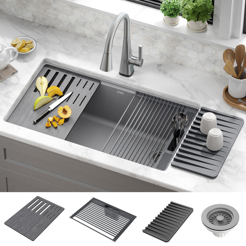 Dark Gray Granite Composite Workstation Kitchen Sink with Workflow Ledge