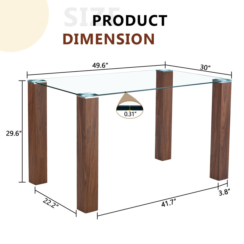 49.6”×30” Transparent Tempered Glass Dining Table With Rectangular Walnut - Color MDF Wood Grain Legs: Blending Simplicity & Quality, Ideal For Diverse Interior Decoration Styles