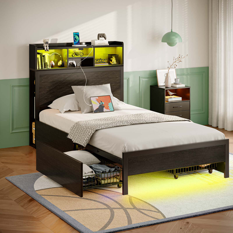 Bed Frame with Bookcase Headboard and 4 Storage Drawers, Metal Platform Bed with RGB LED Lights, Twin/Single